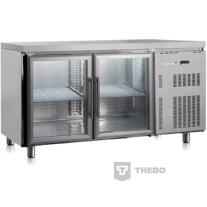 De koelwerkbank van Gastro-Inox 2 glazen deuren met een afemting van 1500(b)x700(d)x850(h)mm